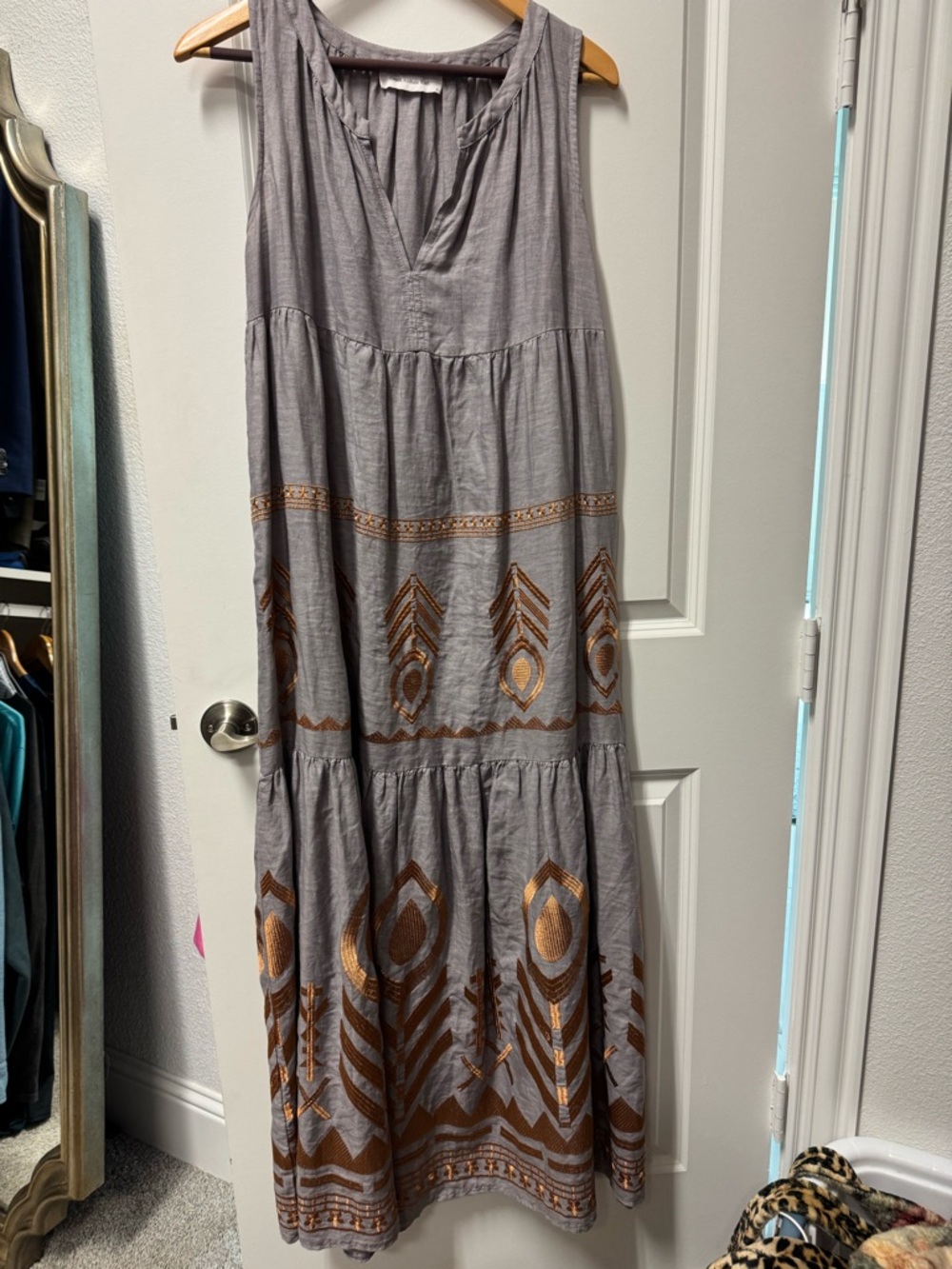 Greek Archaic Kori women’s Long Gray Maxi Dress with Copper Print
